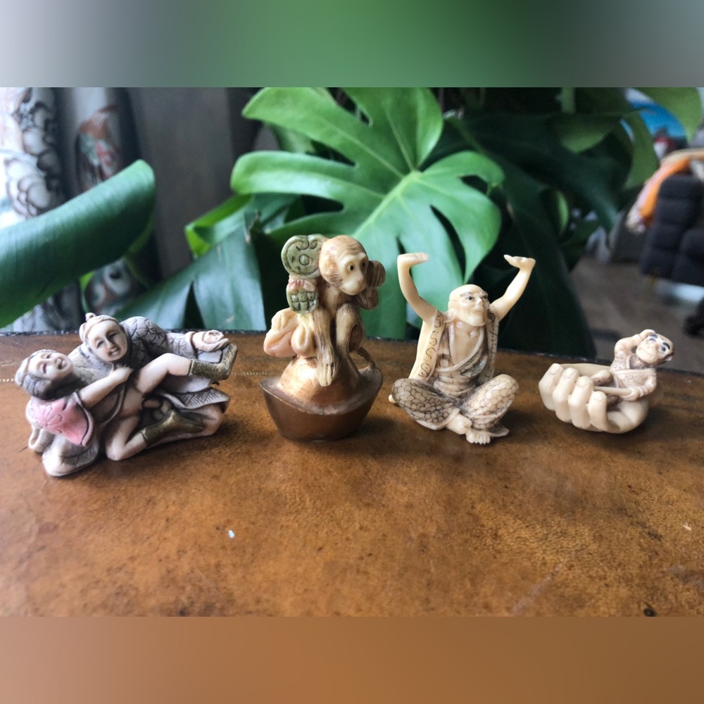 Hand Carved Ivory-Tone Netsuke Figurines - Set of four